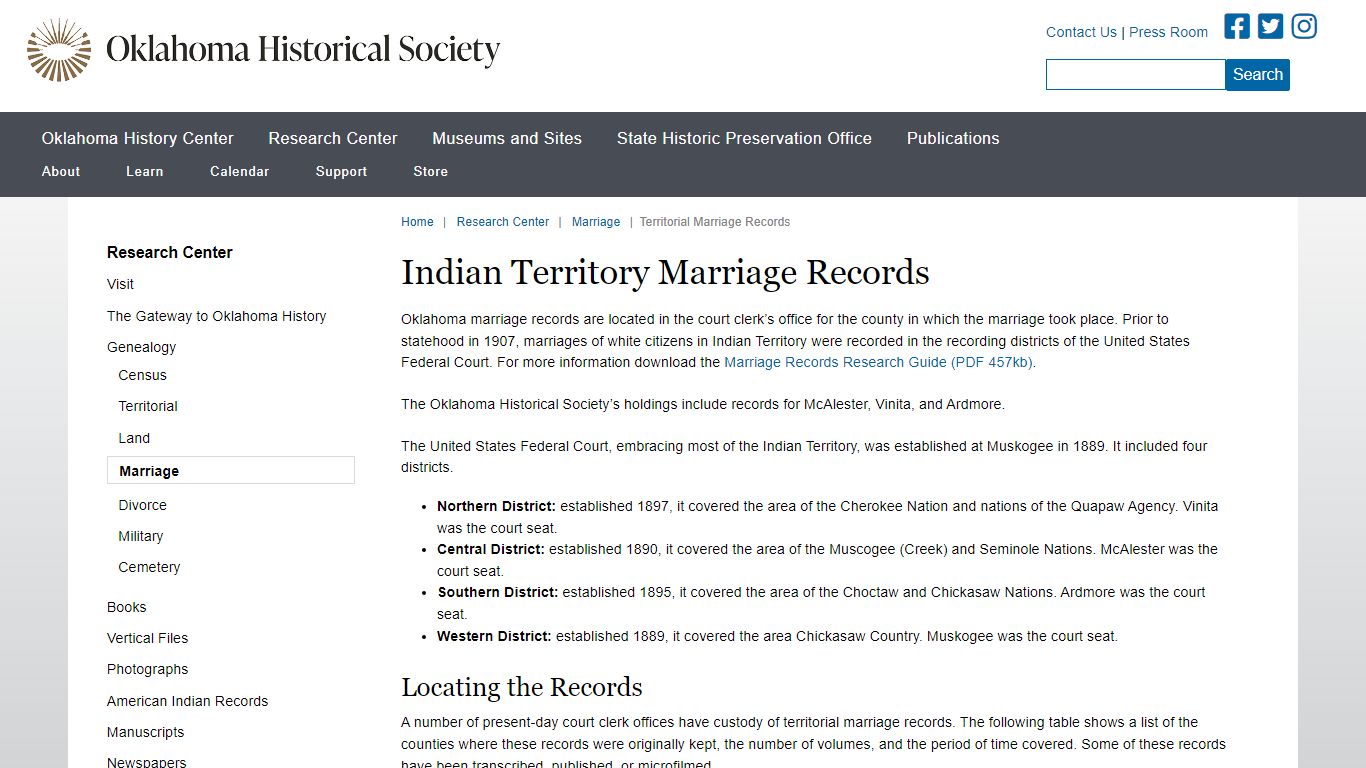 Territorial Marriages | Oklahoma Historical Society